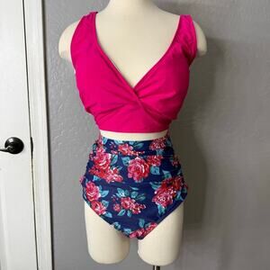 Yonique Twist Front Tummy Control Full Coverage Swimsuit, Pink Floral, 22W